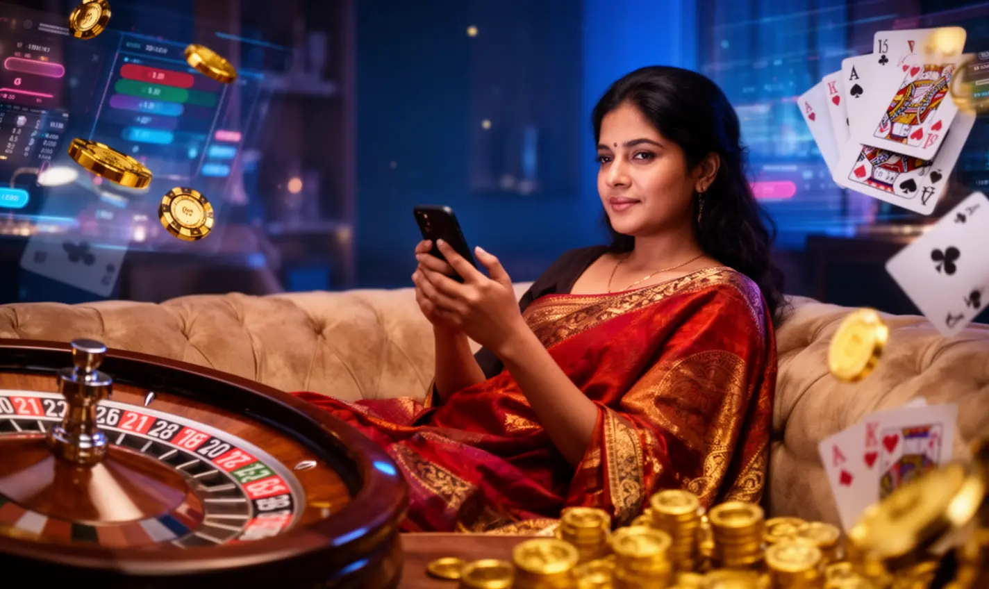 Stylish Bangladeshi woman relaxing on a sofa while using the 59BD casino app with glowing casino graphics and gold coins floating around