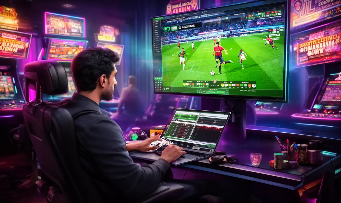Focused sports bettor placing live bets on a laptop while watching a football match on TV, showcasing the dynamic betting environment of 59BD in Bangladesh