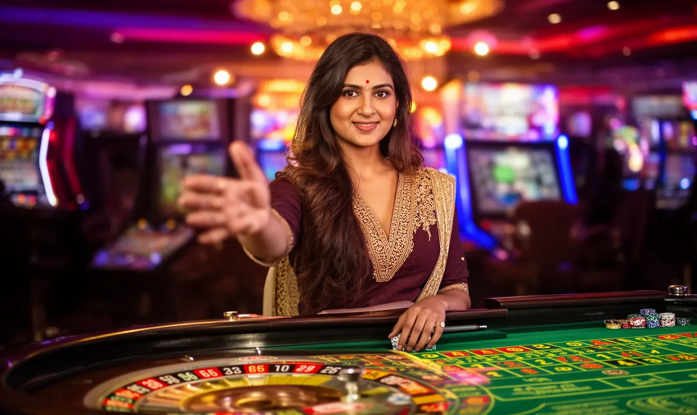 Elegant live casino dealer at a roulette table with a welcoming gesture highlighting the premium gaming atmosphere and bonuses available at 59BD for players in Bangladesh