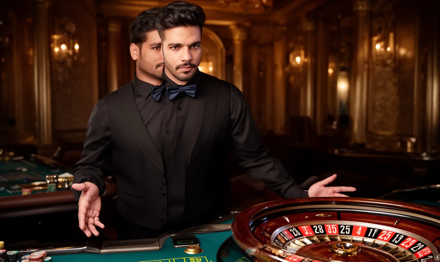 Professional roulette dealer in a black vest and bow tie welcoming players to a live casino table at 59BD in Bangladesh