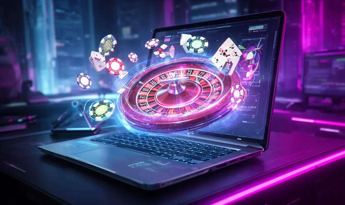 Futuristic laptop displaying an online roulette wheel with colorful casino chips symbolizing immersive digital casino entertainment available at 59BD