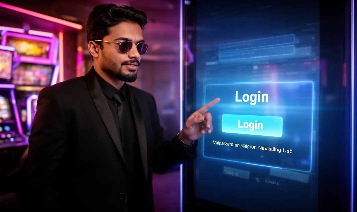 Charming Bangladeshi casino host pointing at a bright login interface inside a modern 59BD casino platform