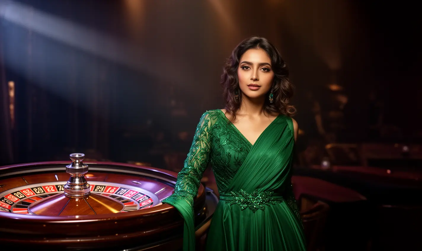 Elegant woman in a luxurious green dress standing by a vibrant roulette table inside the immersive 59BD casino environment in Bangladesh