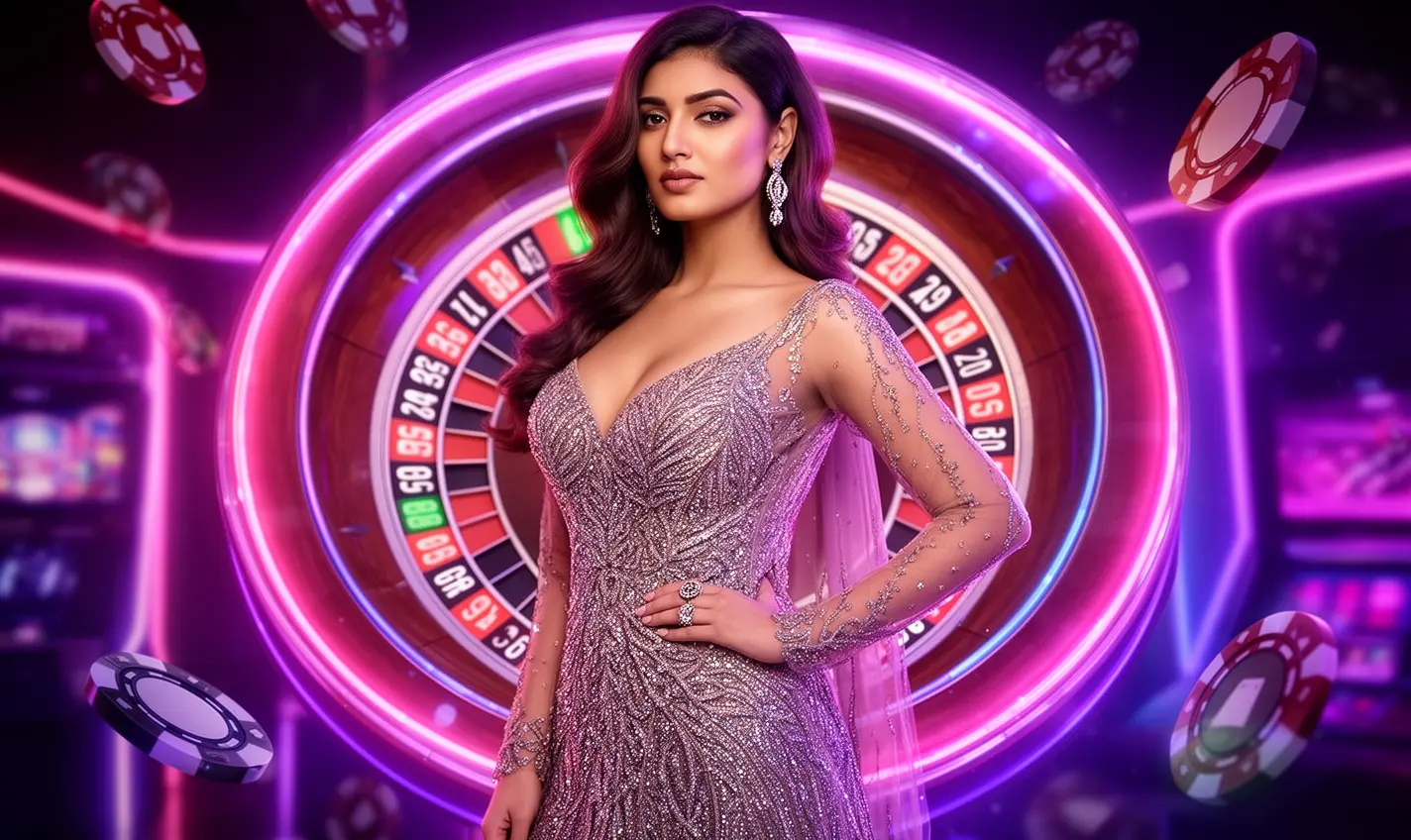 Glamorous casino woman in a sparkling dress standing before a glowing roulette wheel with flying chips showcasing the luxury atmosphere of 59BD casino for players in Bangladesh
