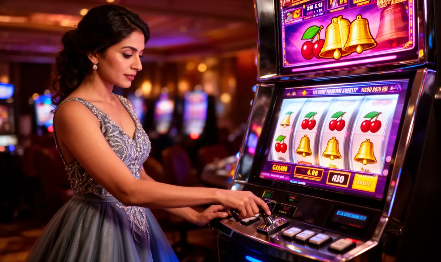 Confident Bangladeshi woman enjoying modern slot gameplay with bright symbols and smooth reels at 59BD casino
